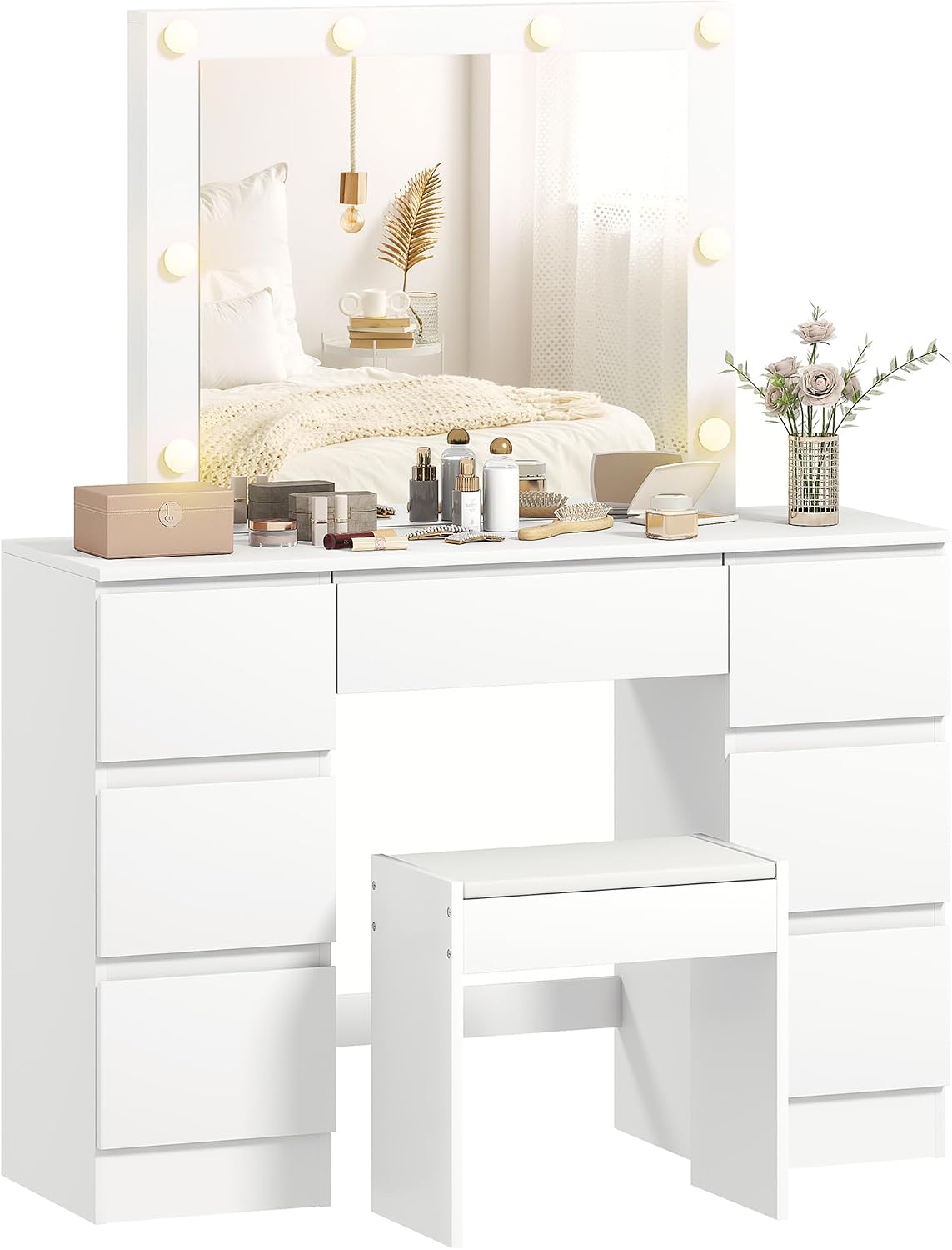 Toeletta HOMCOM, 64,4 × 57,2 cm, Bianco, regolabile, con illuminazione LED, Postazione Trucco con 8 Luci LED