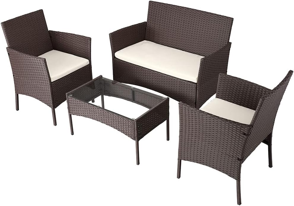 Set da pranzo da giardino BAKAJI, 2 poltrone, acciaio, rattan, Marrone, sfoderabile, per giardino e terrazzo