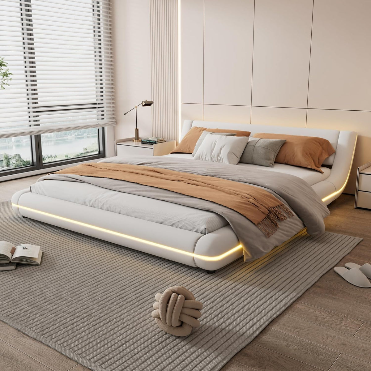 Letto Huayz, matrimoniale, 160 × 200 cm, 160 × 200cm, similpelle, Bianco, con rete a doghe, con illuminazione LED, imbottito, per camera da letto