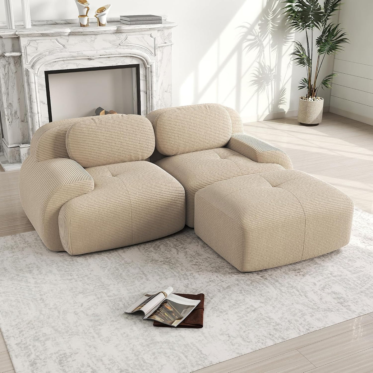 Divano angolare Trdlpyn, 208 × 178 × 75 cm, velluto, Beige, con braccioli, imbottito, per soggiorno