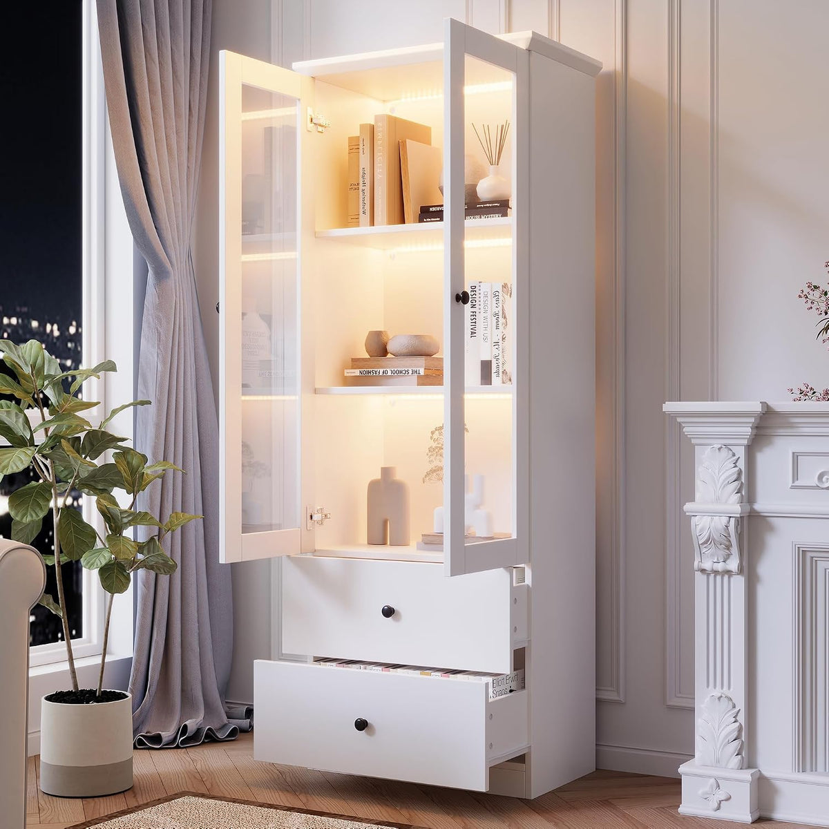 Vetrinetta Wiuzo, 2 cassetti, 60 × 35,5 × 165 cm, MDF, vetro, Bianco, regolabile, con porta USB