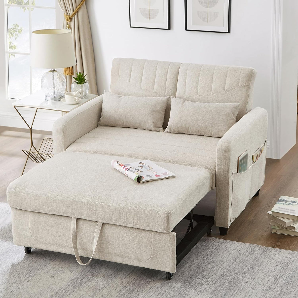 Divano letto IHO SOFA, 114 × 77 × 82,5 cm, lino, tessuto, Beige, con funzione letto, con contenitore, regolabile, allungabile, pieghevole