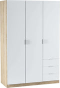 Armadio Habitdesign, Bianco e rovere, regolabile, Armadio con tre ante e tre cassetti, dimensioni 121 cm (L) x 180 cm (A) x 52 cm (P)
