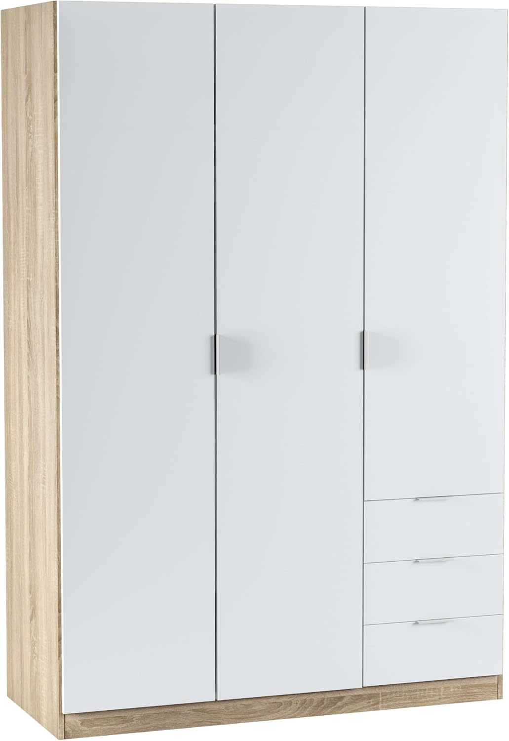Armadio Habitdesign, Bianco e rovere, regolabile, Armadio con tre ante e tre cassetti, dimensioni 121 cm (L) x 180 cm (A) x 52 cm (P)