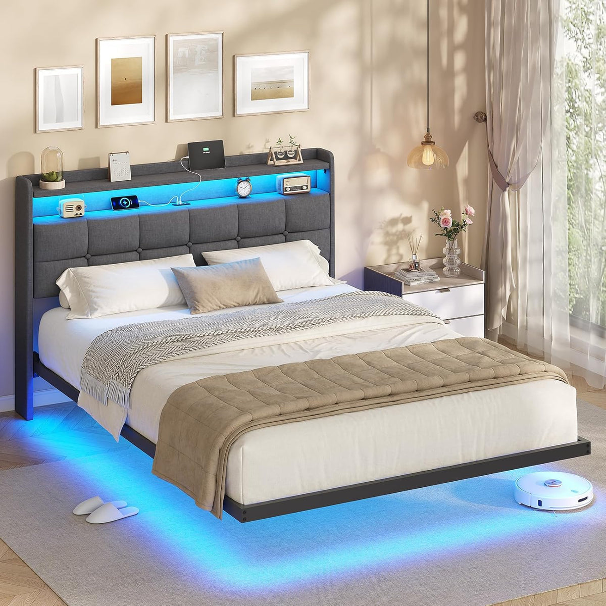 Struttura letto AOGLLATI, matrimoniale, 135 × 190 cm, metallo, con contenitore, con illuminazione LED, con porta USB, imbottita, per camera da letto