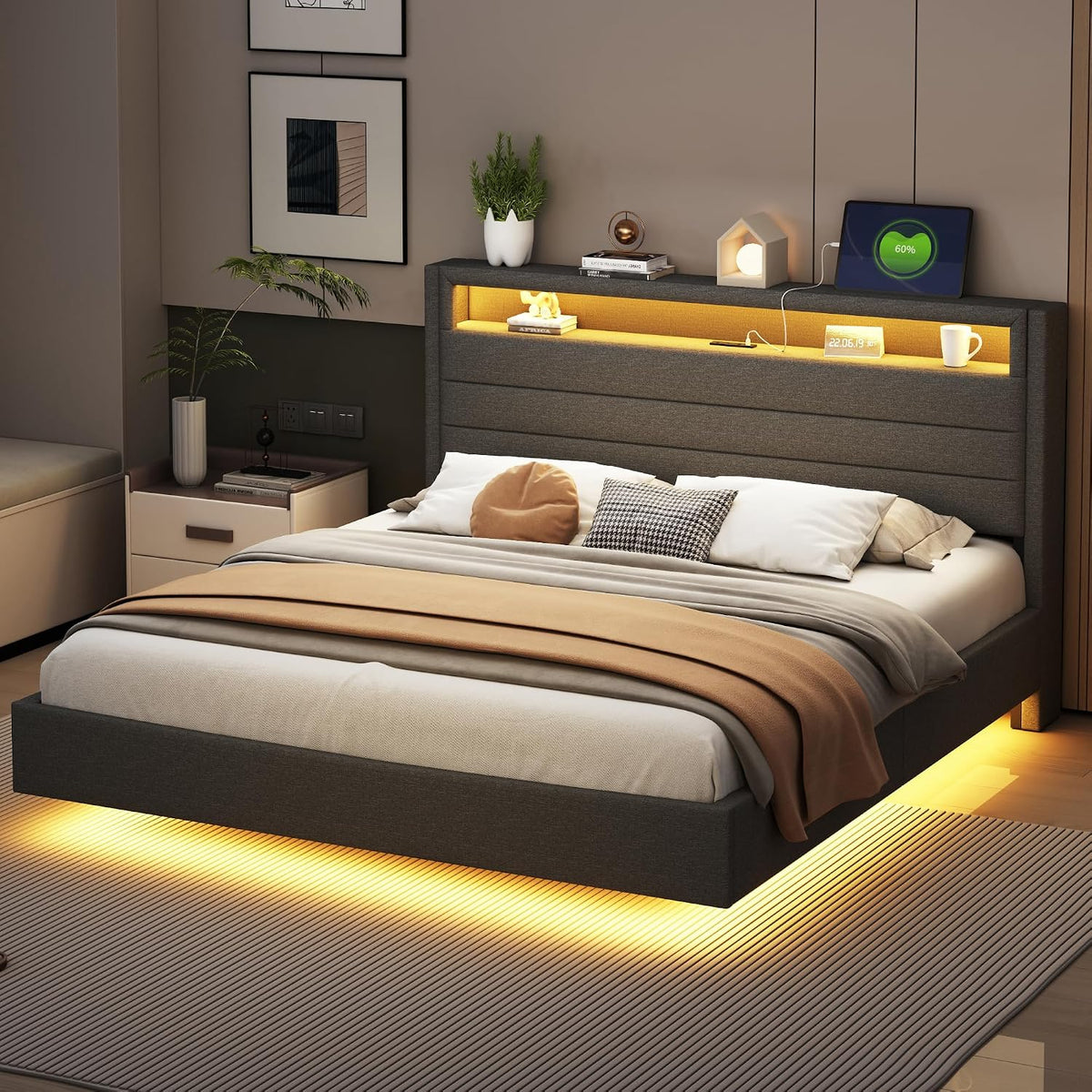 Letto Moimhear, 141 × 201 × 108 cm, lino, tessuto, Grigio, con poggiapiedi, con rete a doghe, con illuminazione LED, imbottito, per camera da letto