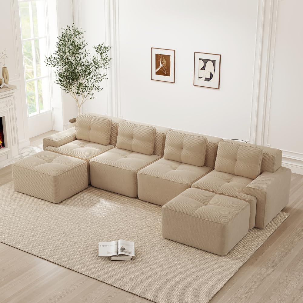 Divano angolare Cayipng 32D 74+, 4 posti, Beige, con poggiapiedi, con braccioli, per soggiorno