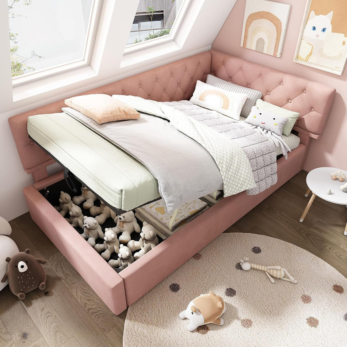 Letto Merax, 90 × 190 cm, legno, velluto, Rosa, con rete a doghe, imbottito, per camera da letto