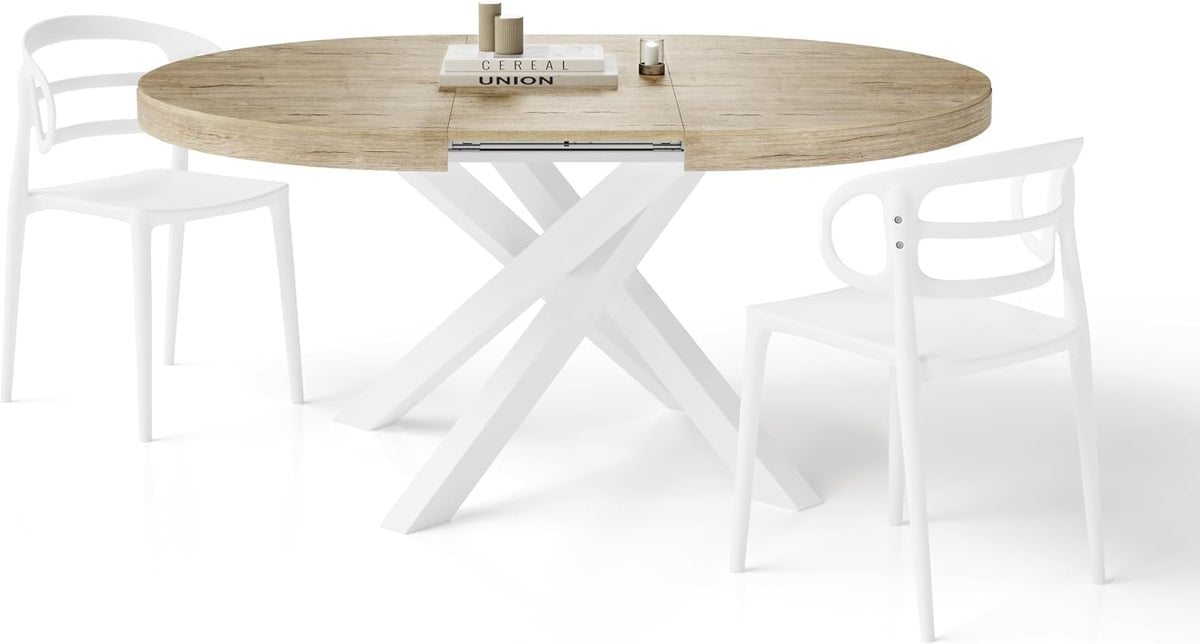 Tavolo allungabile Mobili Fiver, acciaio, Bianco, per sala da pranzo e cucina, 120-160 cm, Quercia con gambe Incrociate Bianche