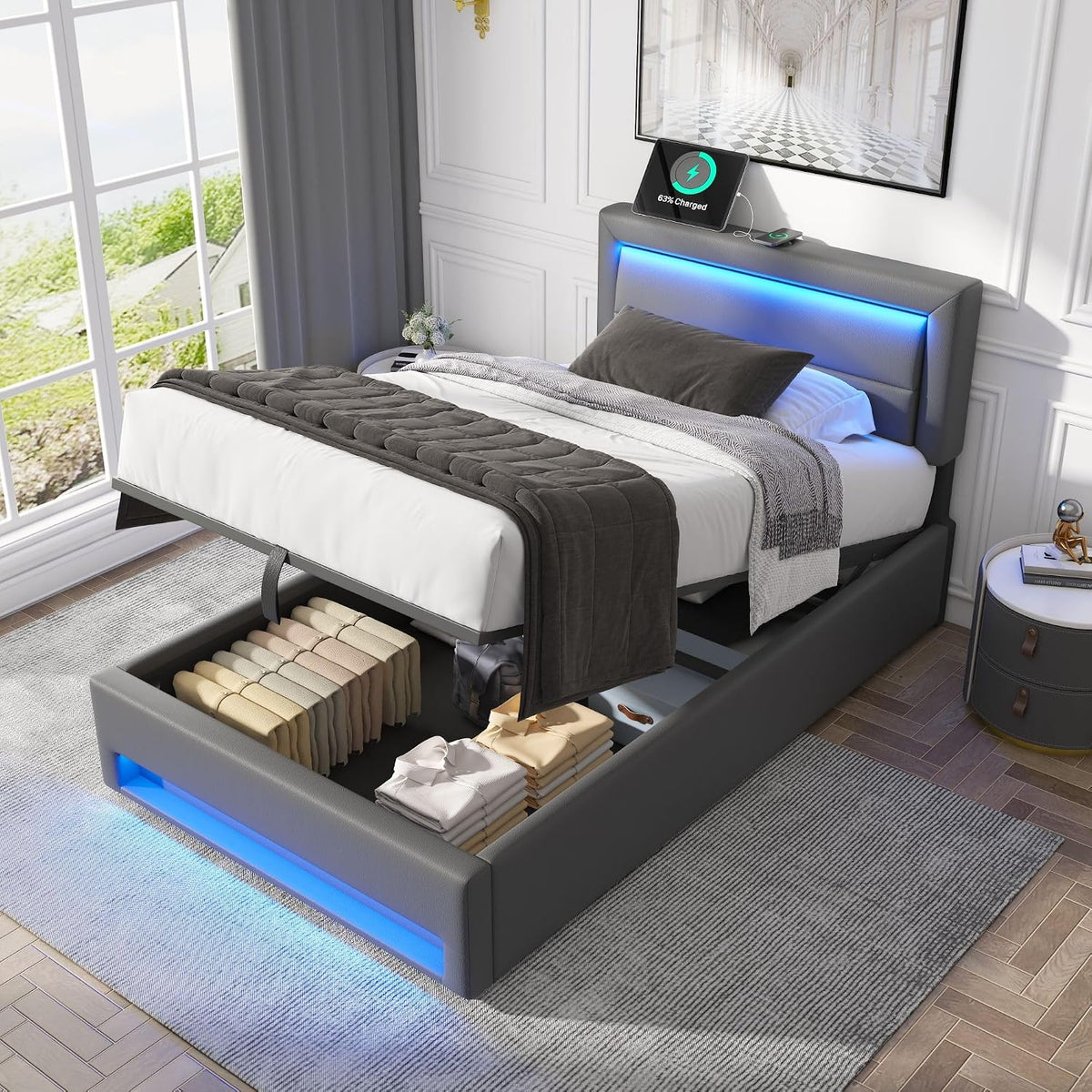 Letto SUKY, 90 × 190 cm, Grigio, con rete a doghe, con illuminazione LED, con porta USB, imbottito, per camera da letto