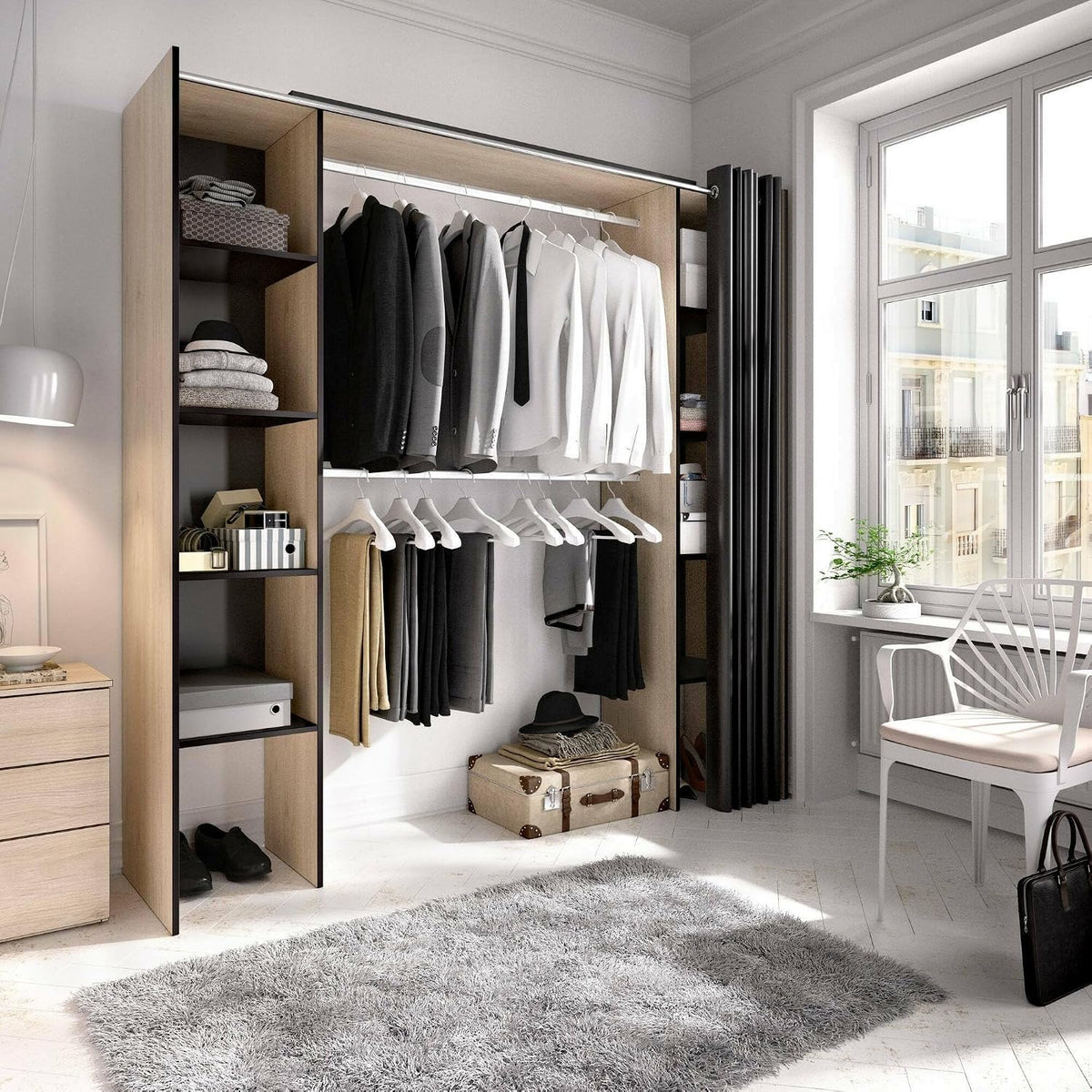 Armadio guardaroba Dmora, 8 ripiani, 50 × 205 cm, Rovere, allungabile, per camera da letto