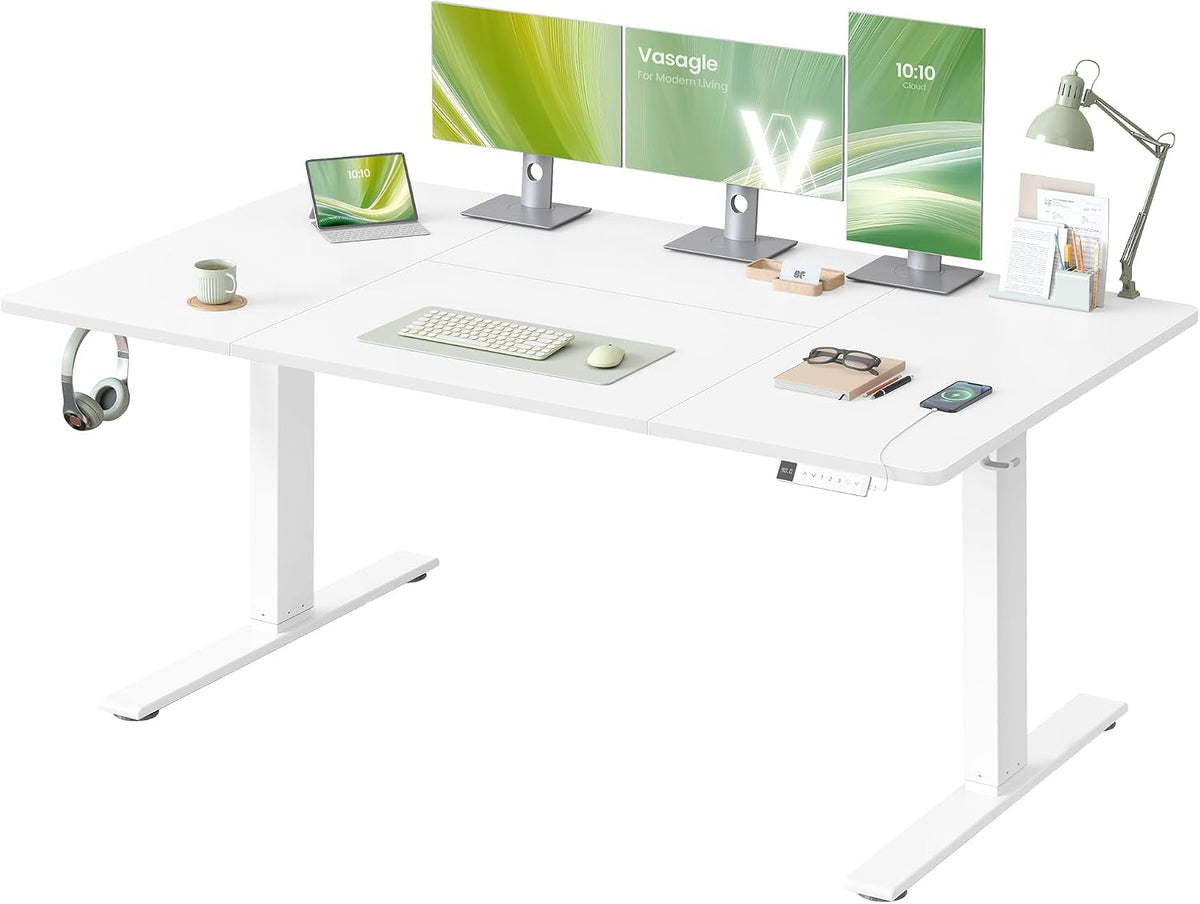 Scrivania VASAGLE, 160 × 80 cm, altezza regolabile 72-120 cm, acciaio, plastica, Bianco, con porta USB, per ufficio