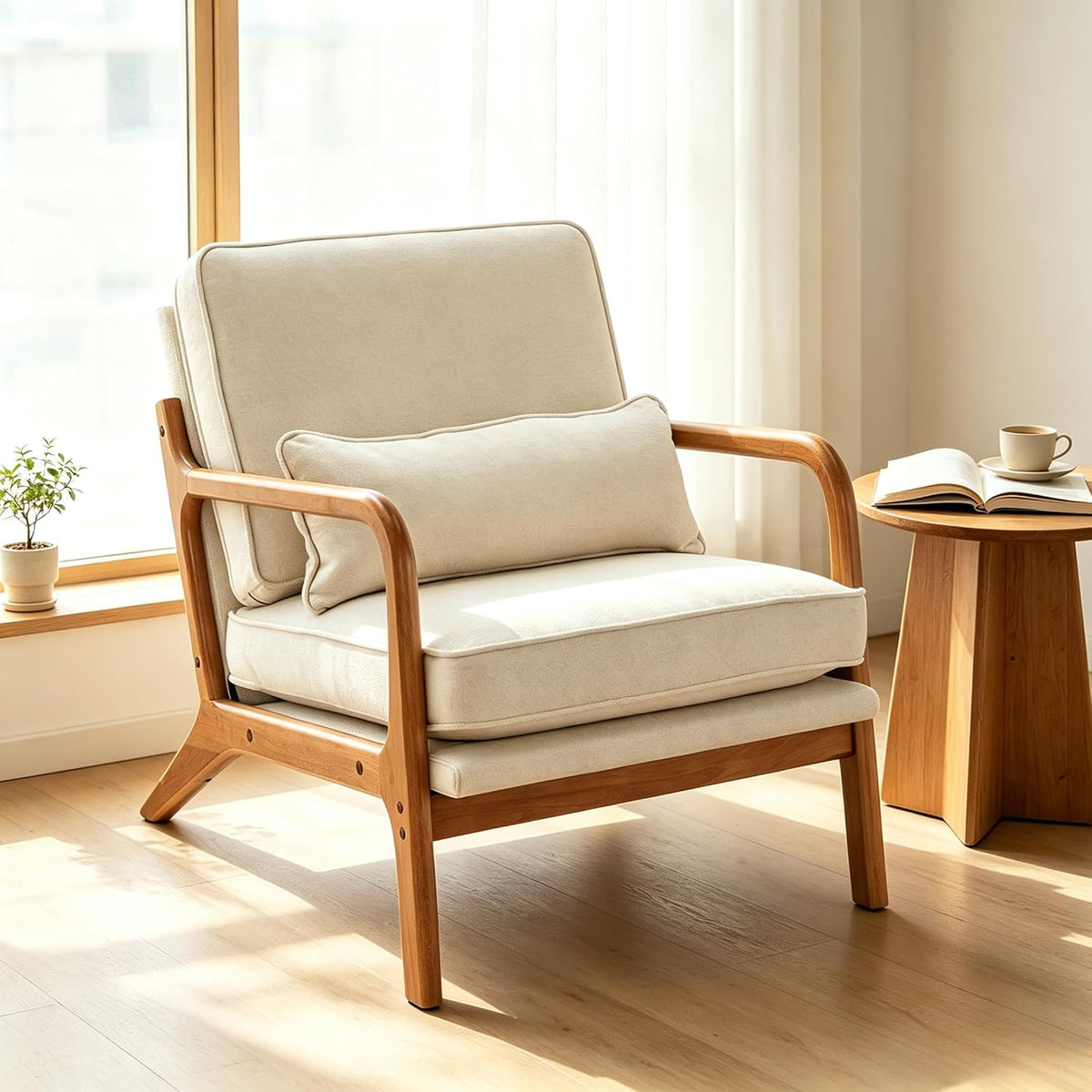 Poltrona letto Karl home, 65 × 81 × 74 cm, legno massello, lino, Beige, con cuscino, con braccioli, per soggiorno
