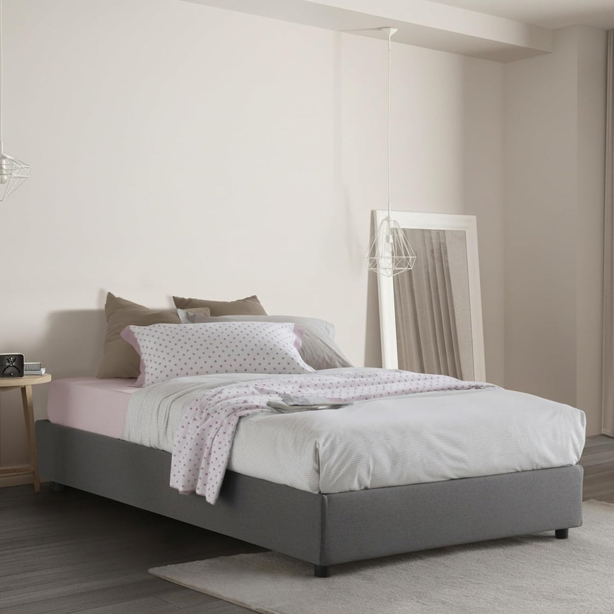 Letto Talamo Italia, 225 × 135 cm, tessuto, Grigio, con contenitore, con rete a doghe, sfoderabile, imbottito, per camera da letto