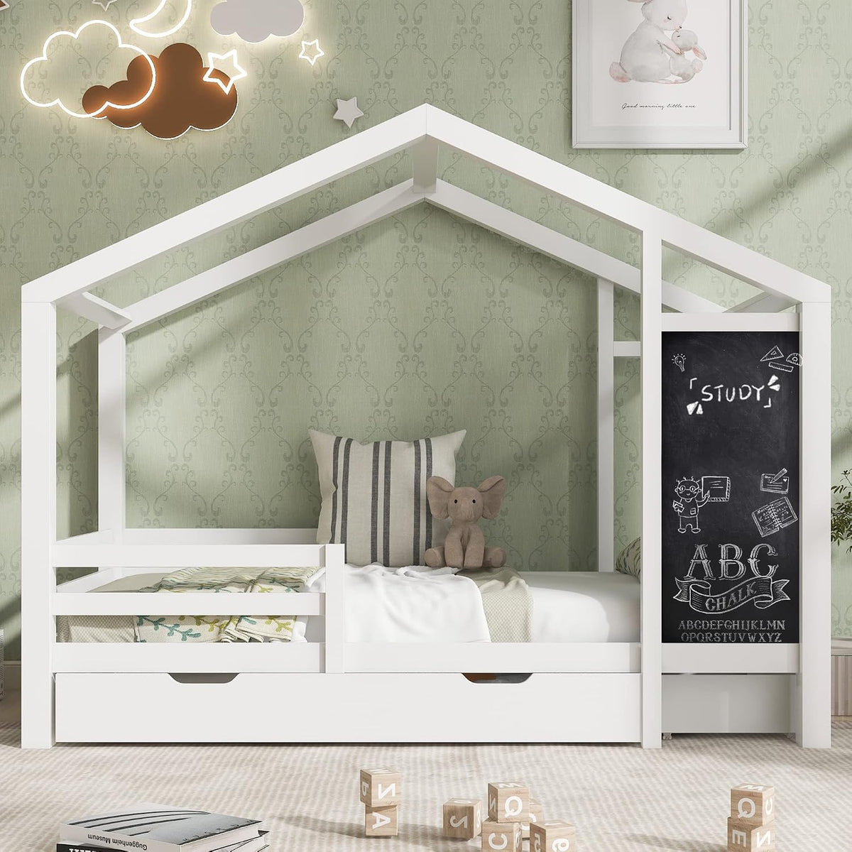Letto Moimhear, 2 cassetti, 150 × 67 × 17 cm, legno massello, Bianco, allungabile, con rete a doghe, per camera da letto