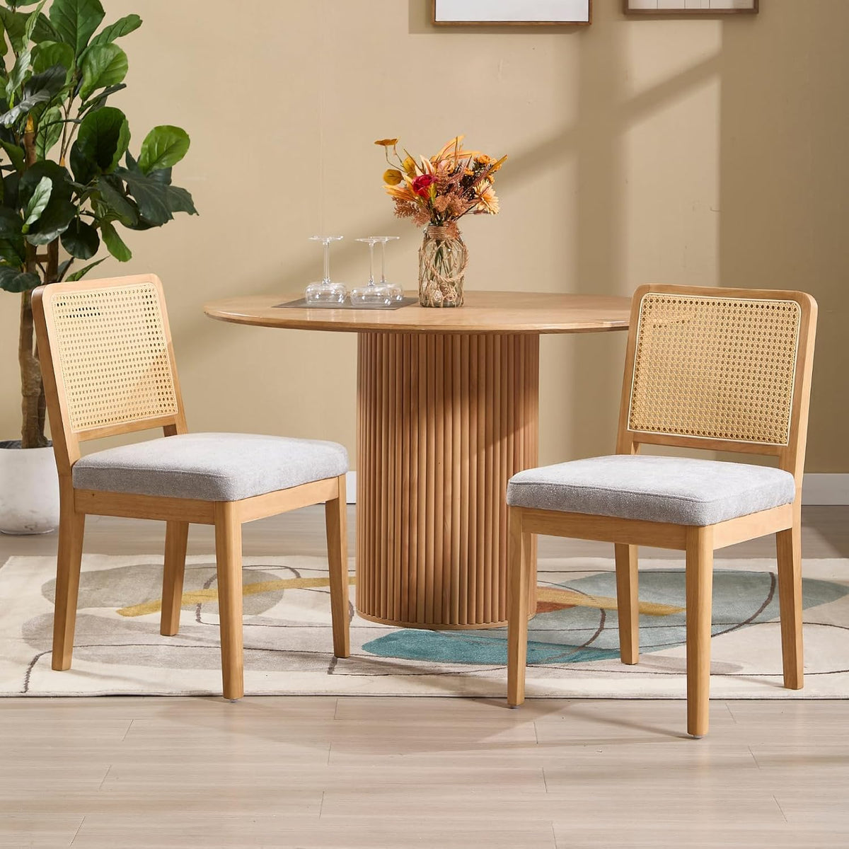 Sedia DAYALANE, rattan, lino, Grigio, imbottita, per sala da pranzo e cucina