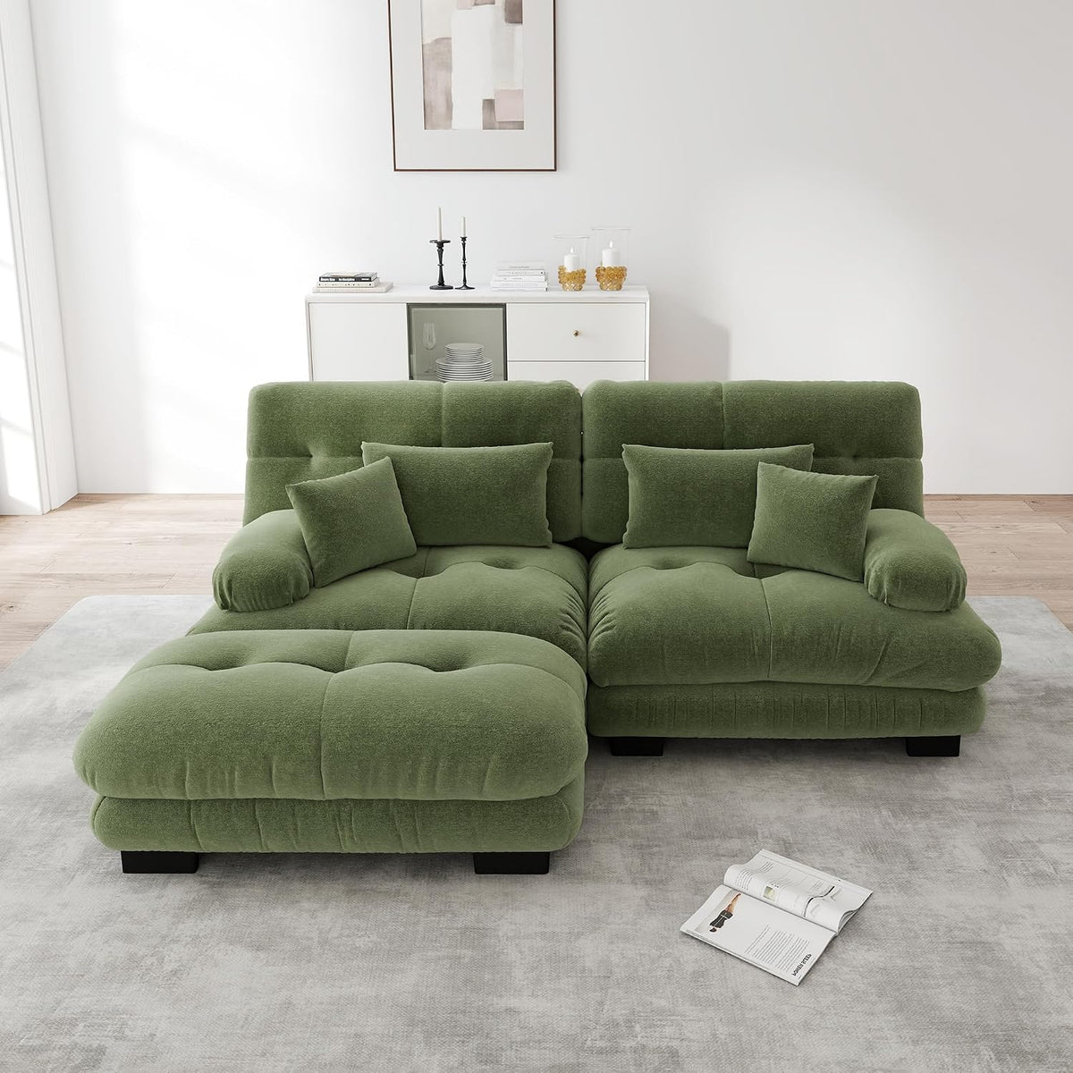 Divano angolare MOHUANG, ciniglia, Verde, con poggiatesta, con braccioli, imbottito, per soggiorno